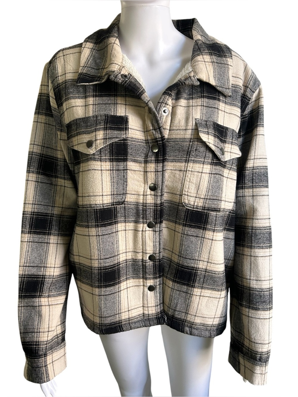 Lucky Brand Plaid Sherpa Lined Shacket Women L Cream Black Cotton Jacket